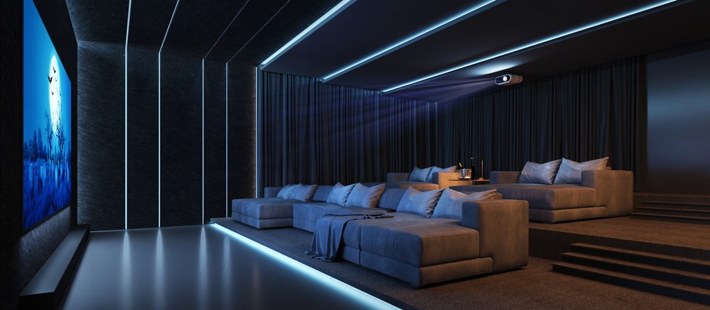 Ultra-modern home theater with LED ambient lighting and lounge seating